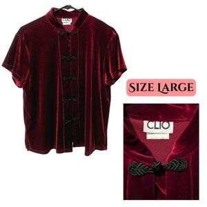 {CLIO} Vintage Gothic Burgandy Velvet Frog-Knot Mandarin Collar Shirt
